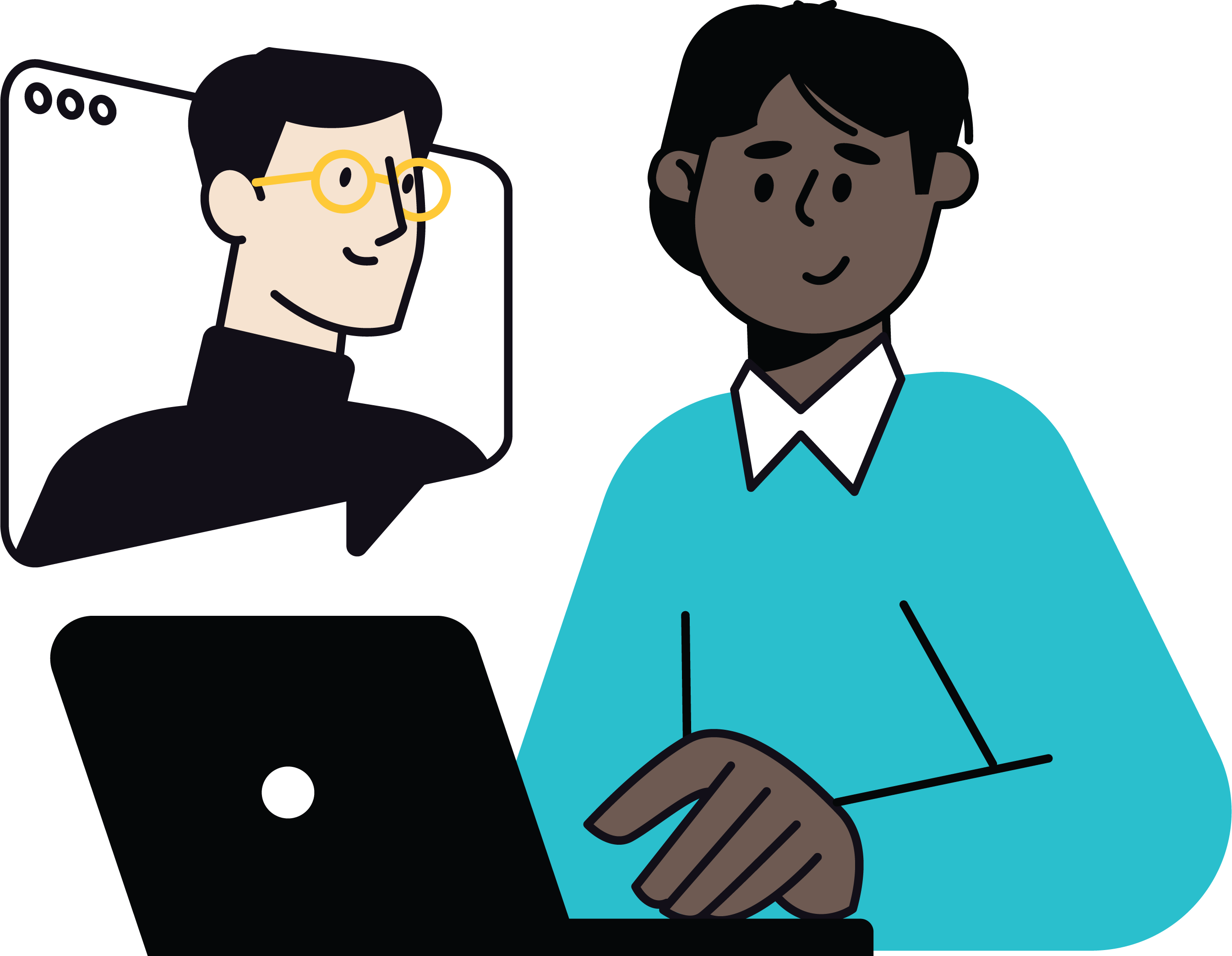 Illustration of a parent on a computer with an inset of a counselor